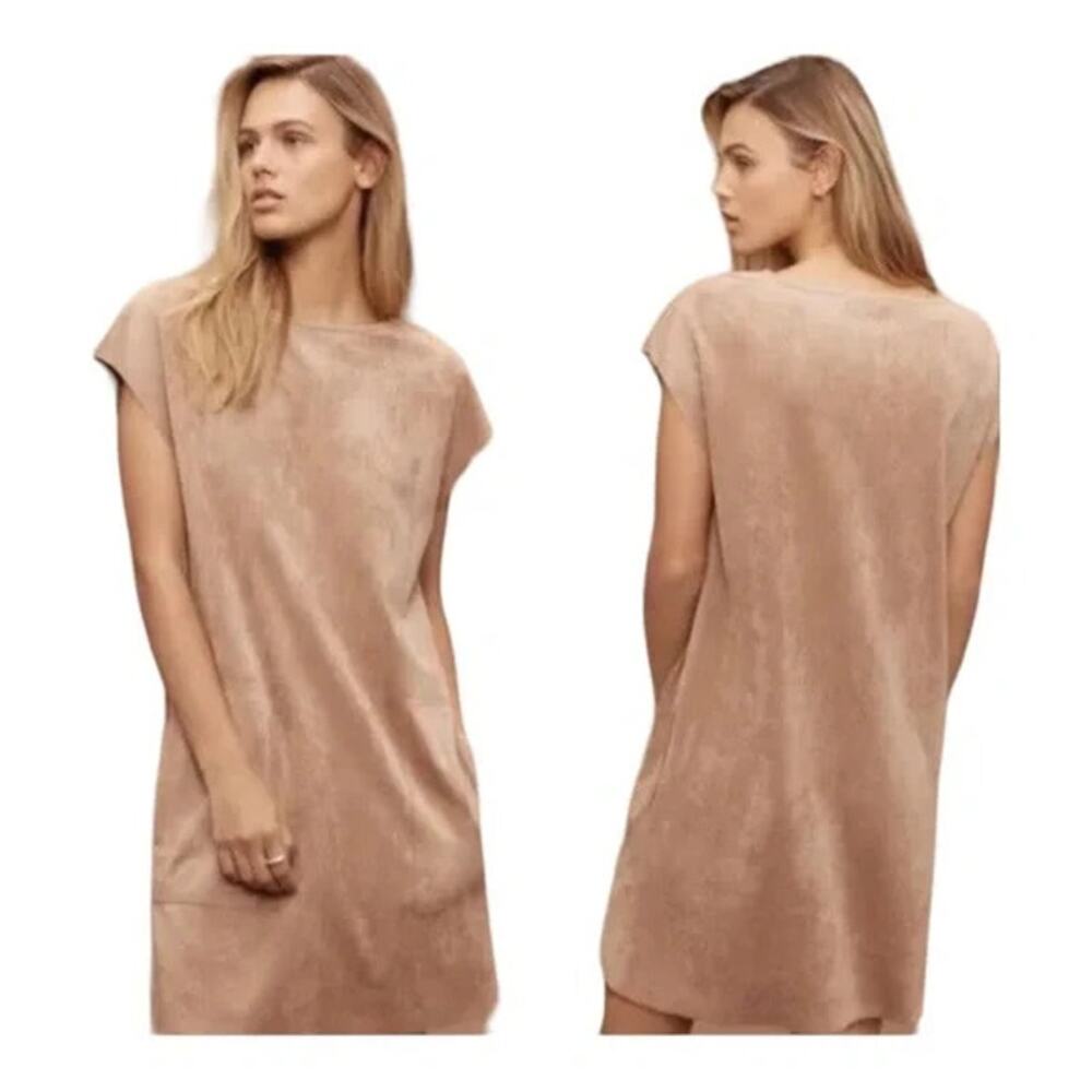 Aritzia‎ Wilfred Free Faux Suede Nori Tan Shift Lagenlook Art Dress Women's  L